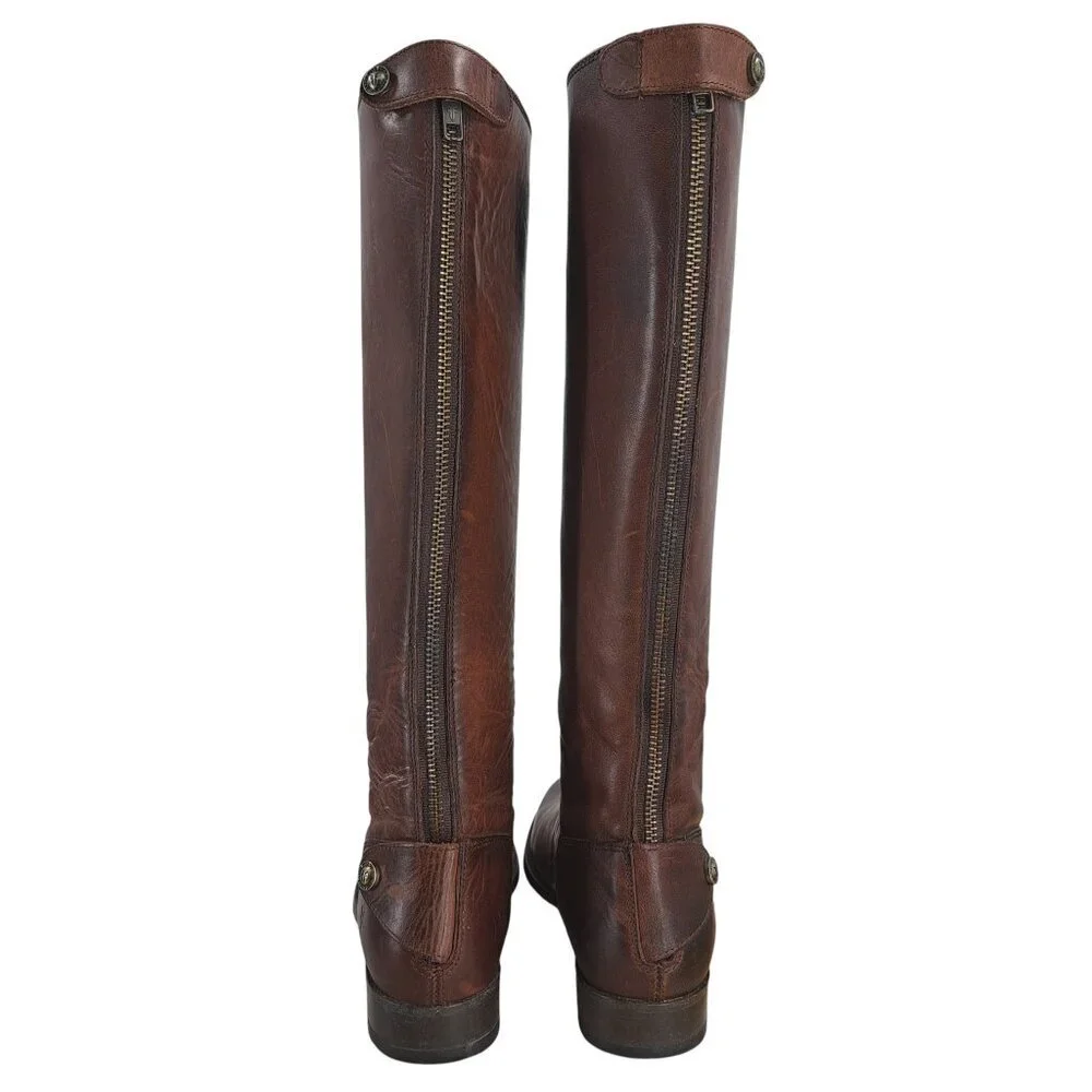 Frye Melissa Knee High Leather Brown Riding Boots Size 6.5 Distressed Snap Zip